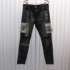 THRT Men's Black Distressed‎ Cargo Denim Jeans Stars Patches Commander Size 38